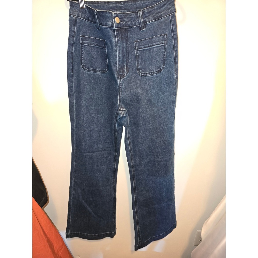 Womens High Rise Wide Leg Dark Wash Denim Jeans with Front Patch Pockets